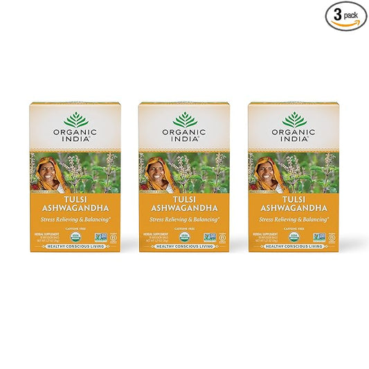 ORGANIC INDIA Calming Tulsi Ashwagandha Herbal Tea - Holy Basil Tea with Ashwagandha Root, Supports Restful Sleep - Adaptogen, Vegan, USDA Certified Organic, Non-GMO - 18 Infusion Bags, 3 Pack