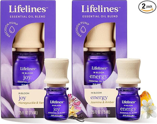 Lifelines Essential Oil Blends, 2-Pack - Blended Essential Oils with Mess-Free Precision Pump for Aromatherapy Diffusers - Long-Lasting Scented Fragrance - in Bloom (Joy & Energy)