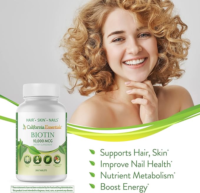 California Essentials Biotin 10000mcg | Vitamin B7 Promotes Healthy Skin, Hair & Nail Growth | High Potency Dietary Supplement for Men & Women | Non-GMO, Vegan, Gluten & Dairy Free (200 Tablets)
