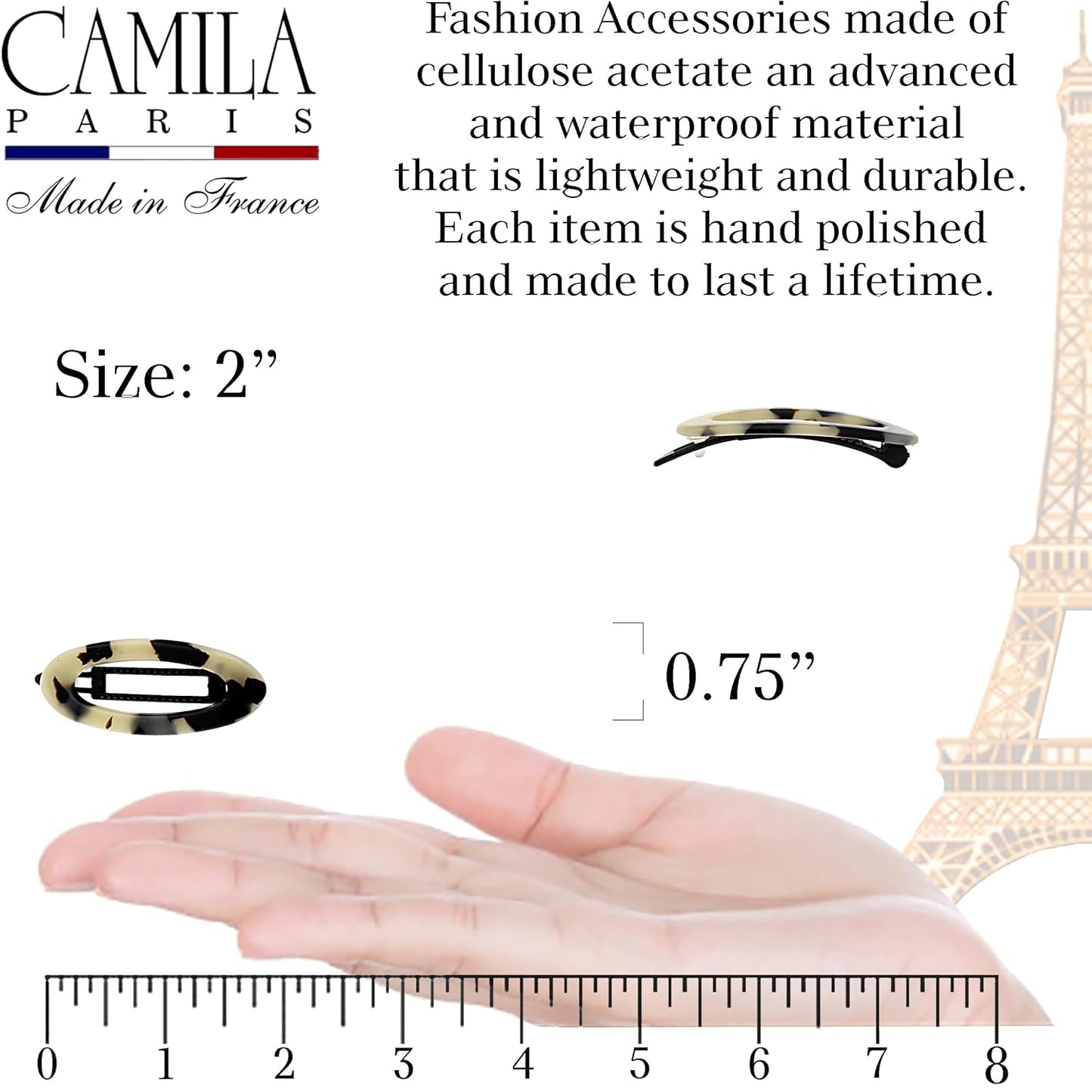 Camila Paris CP1992/2 French Hair Barrette Clip for Women, Handmade, Side Slide-in Metal-Free Closure, Strong Hold Grip Hair Clips for Girls, No Slip Durable Styling Hair Accessories, Made in France
