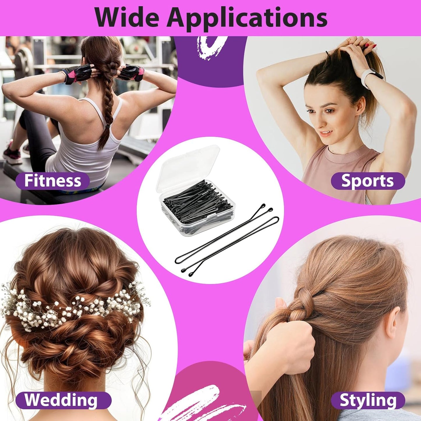2.2 Inch Black Hair Bobby Pins Metal Clips Flat Straight Ball Tips Non-slip Decorative Long Short Women Girls Nickel Free Hairdressing Wedding Accessories with Case 100 PCS