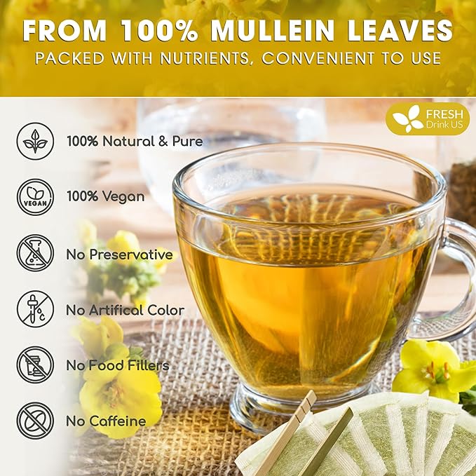 FreshDrinkUS, Premium 120 Mullein Leaf Tea Bags For Lung, 100% Natural & Pure from Mullein Leaves. Loose Leaf Mullein Herbal Tea. Made with Natural Material Tea Bags. No Sugar, No Caffeine, No Gluten, Vegan.
