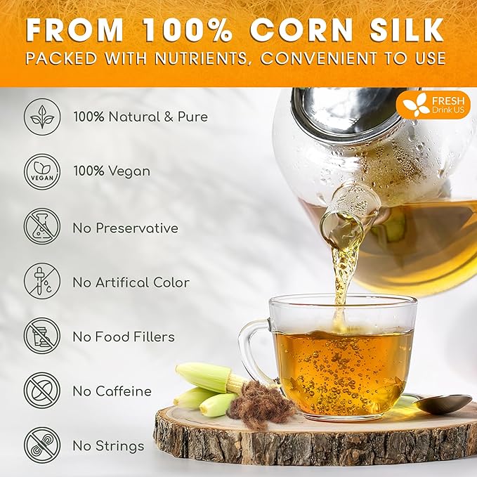 FreshDrinkUS, Premium 40 Tea Bags Corn Silk Tea, 100% Natural & Pure from Corn Silk. Corn Silk Herbal Tea. Clean Ingredients. Made with Natural Material Tea Bags. No Sugar, No Caffeine, Vegan. (40 Tea bags Corn Silk)