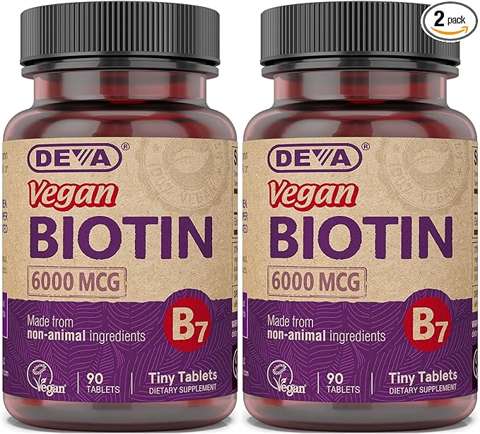 DEVA Vegan Biotin 6000mcg 2-Pack – Vitamin B7, Easy-to-Swallow Tiny Tablets, 90 Count Ea