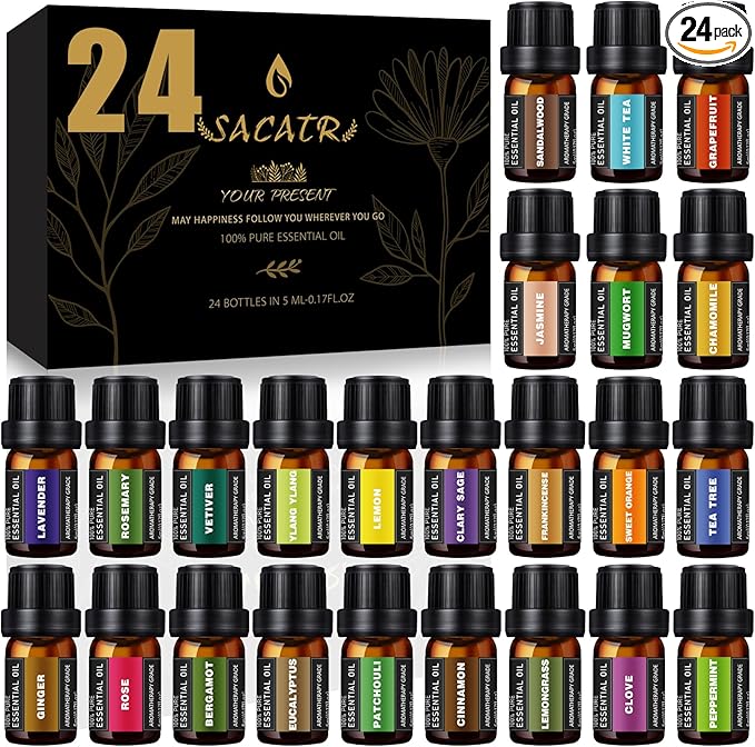 24 Bottles Essential Oil Set - Natural Essential Oils - Perfect for Diffuser, Massage, DIY Candle and Soap Making (5ml)