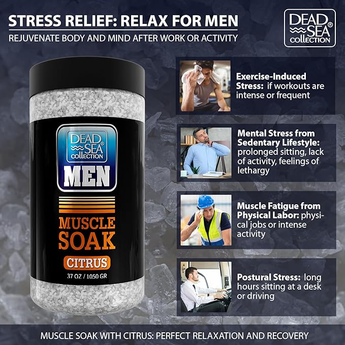 Dead Sea Collection Bath Salts for Men with Citrus Oil - Muscle Recovery Bath Soak – Mens Pure Dead Sea Salt for Soothing and Relaxing – 37 Oz