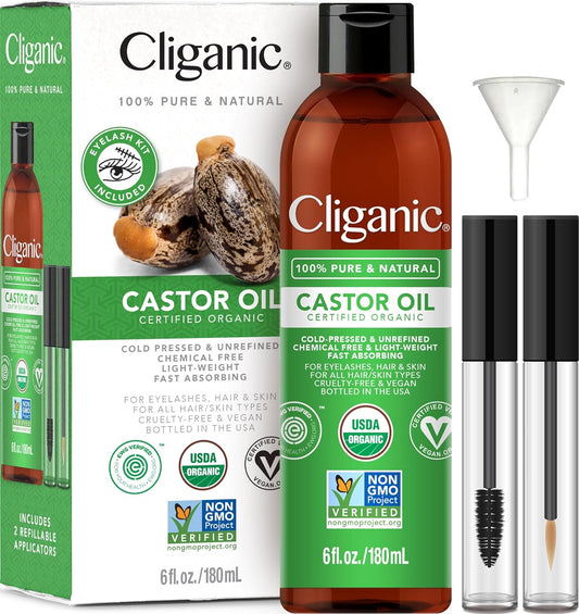 Cliganic Organic Castor Oil, 100% Pure (6oz with Eyelash Kit) - For Eyelashes, Eyebrows, Hair & Skin