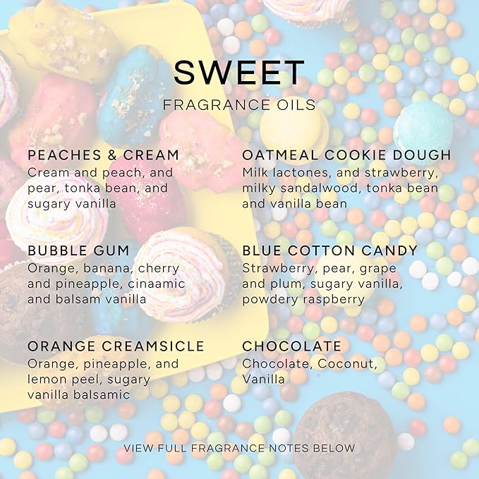 Eternal Essence Oils Sweet Set of 6 Premium Fragrance Oils - Includes Bubble Gum, Orange Creamsicle, Peaches & Cream, Blue Cotton Candy, Oatmeal Cookie Dough, and. Chocolate Scented Oils - 10ML