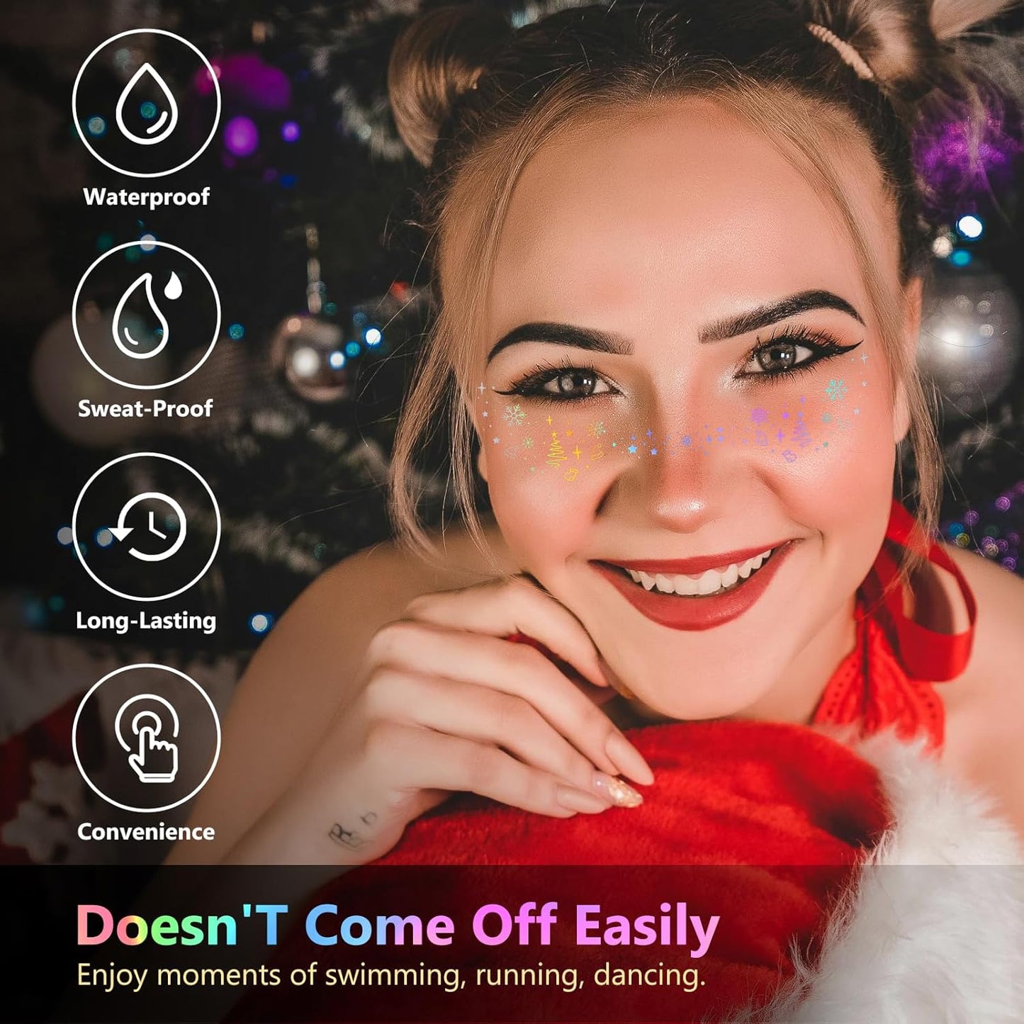 HyperFun 12Pcs Christmas Face Glitter Freckles, Glitter Freckles Face Tattoo Sticker, Holographic Multichrome Waterproof Sparkle Freckles Makeup Patches for Women Rave Festival Accessories Party Prom