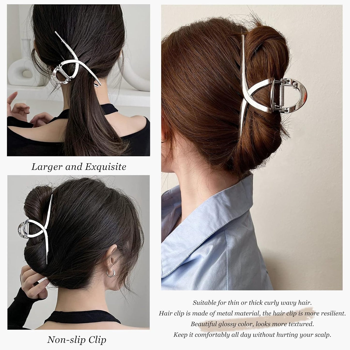 FAELBATY Hair Clip Claws Set of 3 (Glossy Silver, Dark Grey, Rose Gold) - Glossy Metal Hair Clips, Large Hair Accessories for Women and Girls, Strong Hold Barrette, 3 Pcs