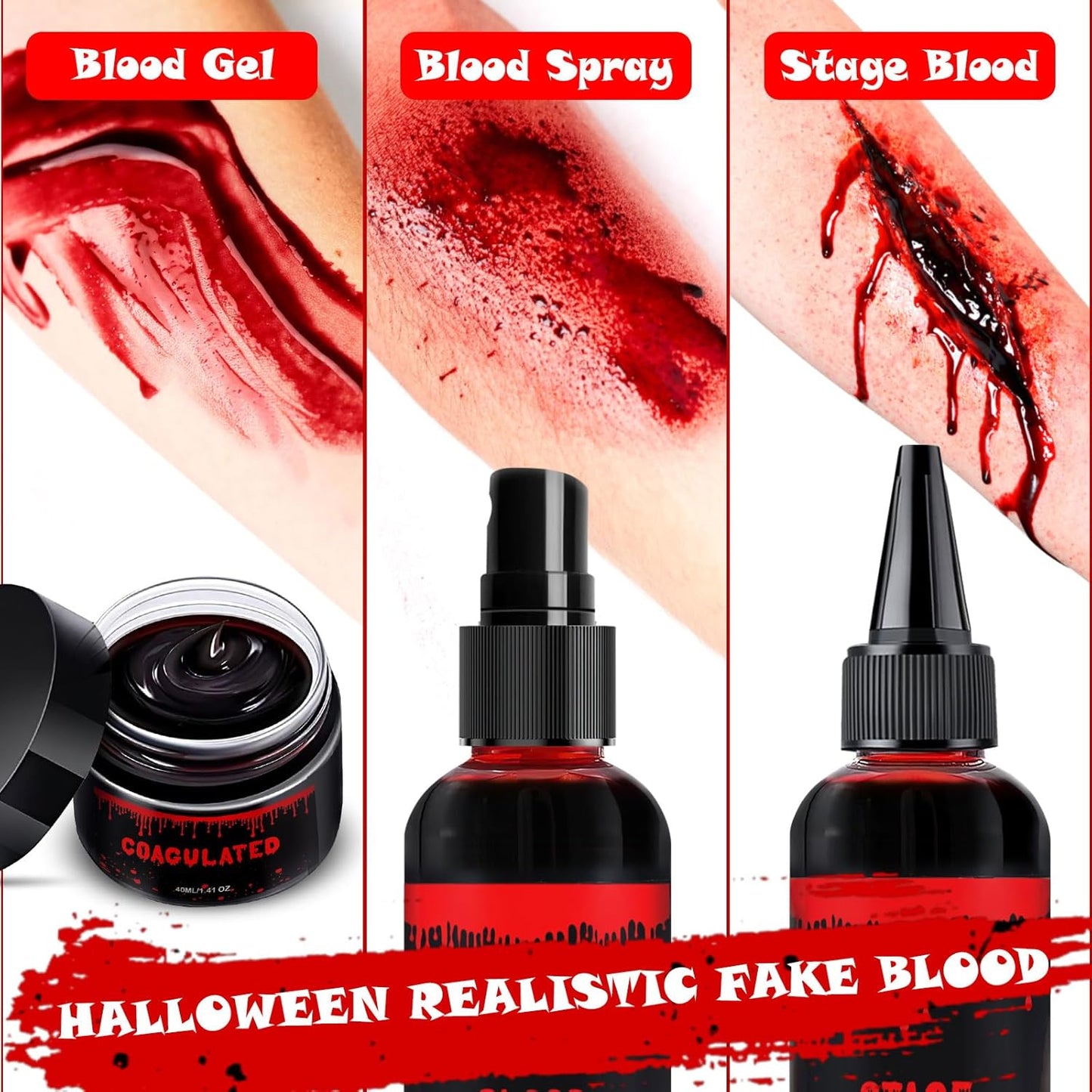 Halloween Fake Blood Makeup Kit 3PCS, Blood Spray 2.1oz, Dripping Blood 2.1oz, Coagulated Gel 1.41oz, Washable SFX Makeup Set for Vampire Zombie Monster Cosplay & Party Dress Up