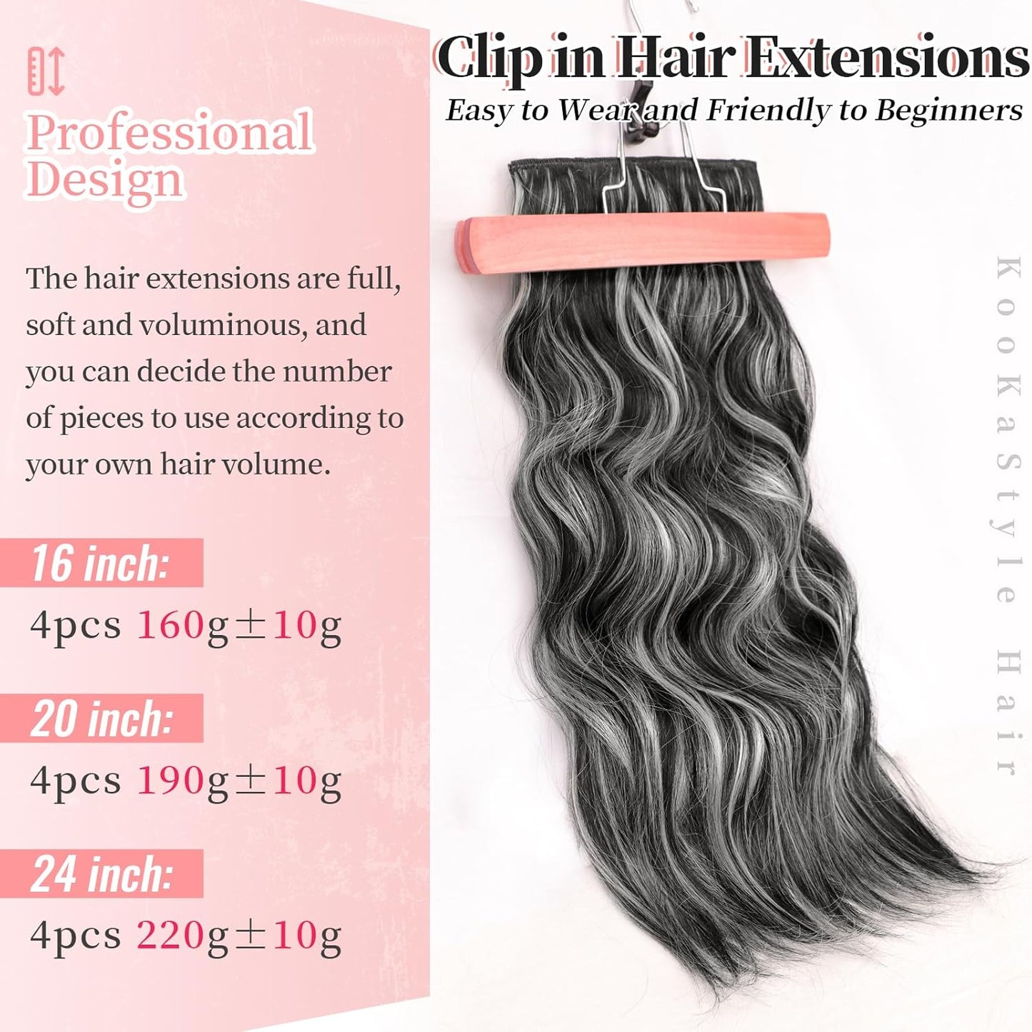 KooKaStyle Clip in Hair Extensions Long Wavy 4PCS Thick Hairpieces Synthetic Highlight Hair Extensions Black and White Mix Fiber Double Weft Natural 20Inch for Women