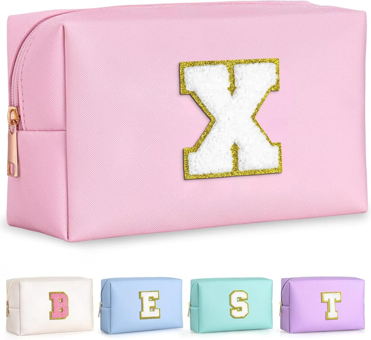 TOPEAST Initial Makeup Bags for Women, Personalized Portable Cosmetic Bag with Zipper, Cute Makeup Pouch, Bridesmaid Gifts for Wedding Day, Girl Trendy Stuff(Pink X)