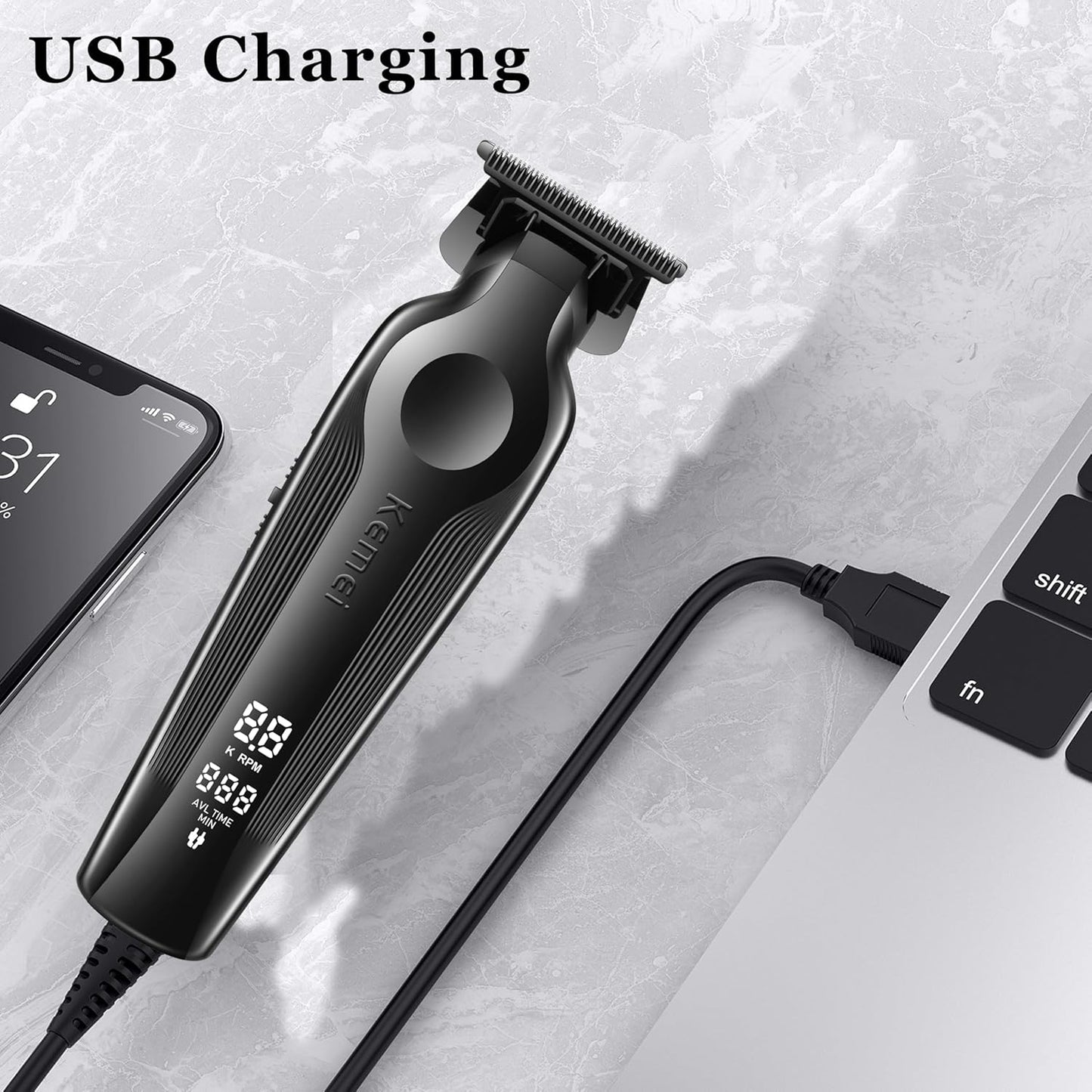 KEMEI Hair Trimmer for Men, Zero Gapped Cordless Hair Clippers Beard Trimmers with T Blade, Rechargeable Barber Clipper with LED Display, Black