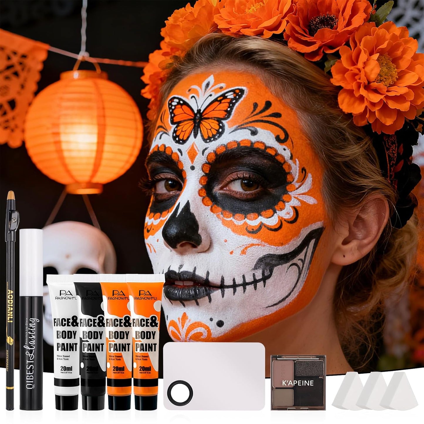 Halloween for Pumpkin Tiger Makeup Kit, Complete Halloween SFX Costume Makeup Set for Pumpkin &Tiger Cosplay ,Black White Orange Water-Based Face Paint Kit with Black Lip Gloss