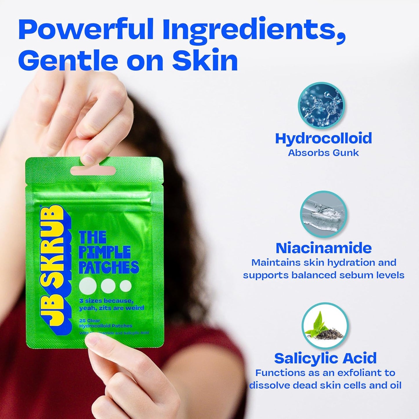 JB SKRUB The Pimple Patches for Face Acne, Ultra Discreet Clear Hydrocolloid Patches with Salicylic Acid & Niacinamide, Skin Care for Kids & Teens - 3 Packs of 25 Small, Medium & Large Spot Treatments