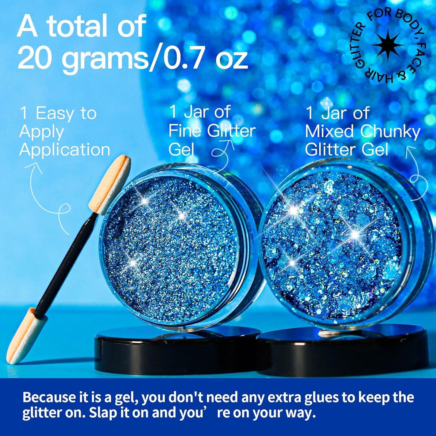 Teenitor Face Glitter, 2pcs Blue Body Glitter Gel, 20g/0.7oz Makeup Glitter for Face, Body, Eye, Hair Glitter Gel, Blue Glitter in 2 Sizes