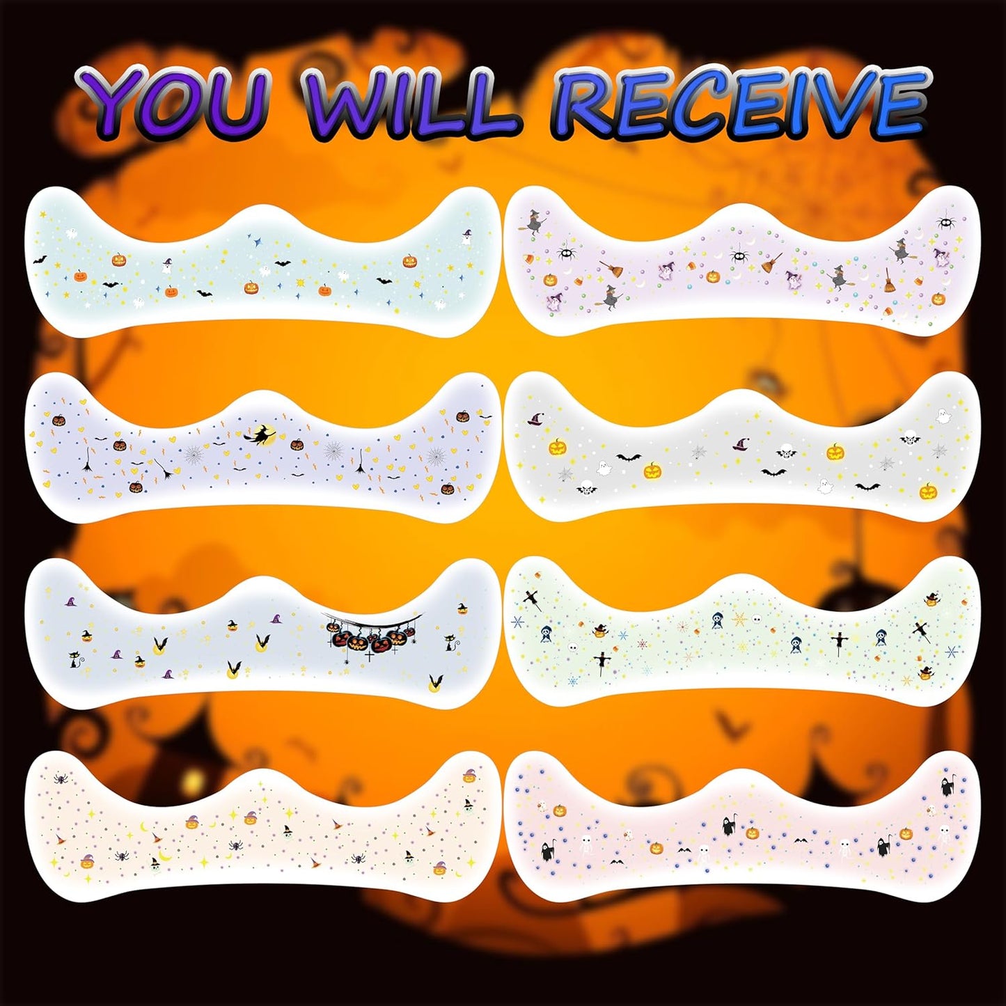 8 Pcs Halloween Glitter Tattoos, Halloween Glitter Freckles Face Tattoos Stickers, Waterproof halloween Rave Accessories Face Paint Makeup Kit for Women, Kids, Party Supplies