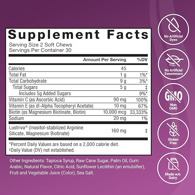 FORCE FACTOR Hair Growth Accelerator Soft Chews, Lustriva & Biotin to Promote Thicker, Stronger, Fuller Hair, Hair Growth Vitamins for Women, Clinically Studied, Mixed Berry, 60 Soft Chews