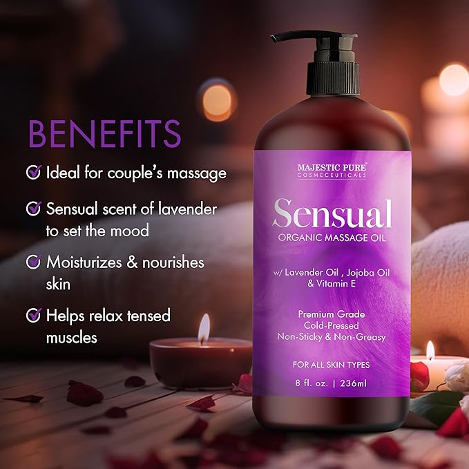 MAJESTIC PURE Organic Sensual Massage Oil for Couples - Relaxing Full Body Oil for Date Night with Vitamin E - Vegan Lavender Massage Oil for Massage Therapy Smooth Gliding Formula 8 Fl Oz