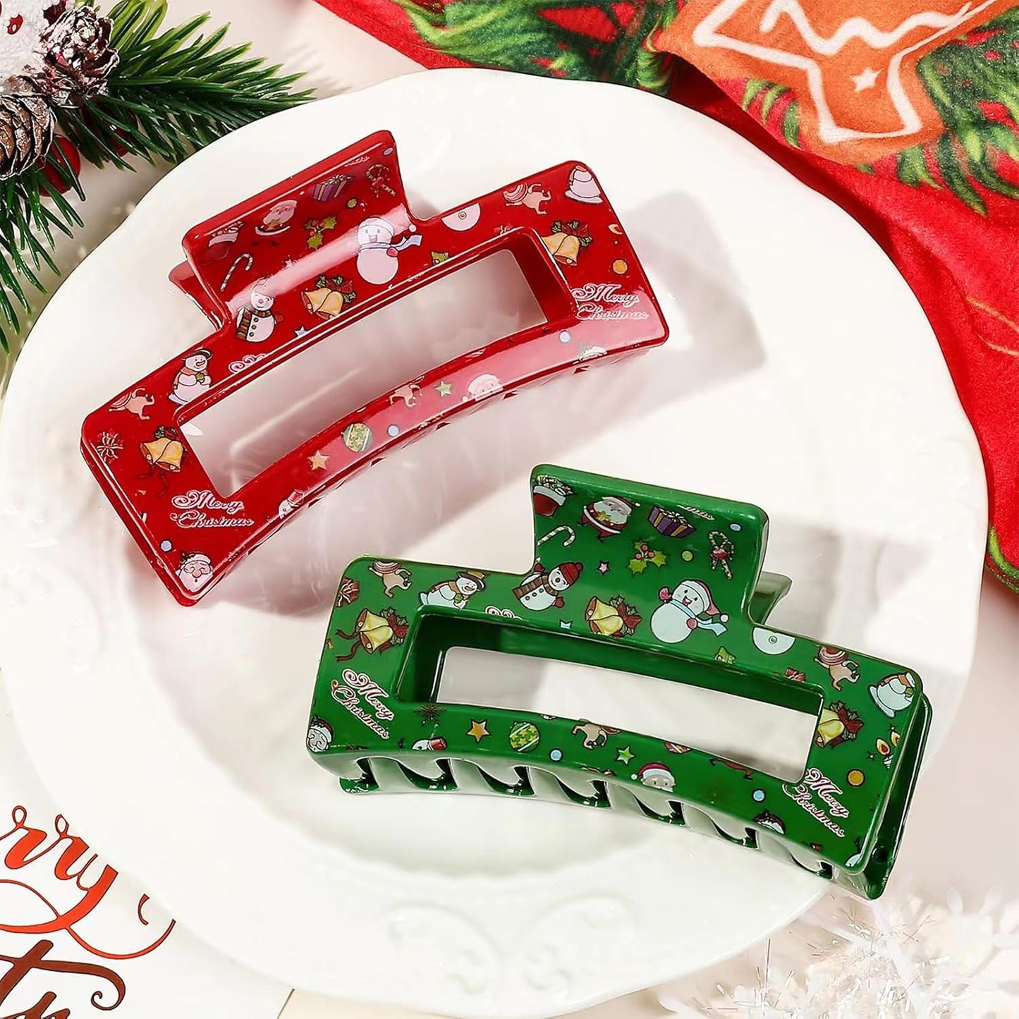 2 Pcs Christmas Hair Clips for Women, Red Green Hair Claw Clips, Large Square Hair Claw, Christmas Hair Accessories, Cute Snowman Claw Clips for Thick and Thin Hair Decoration