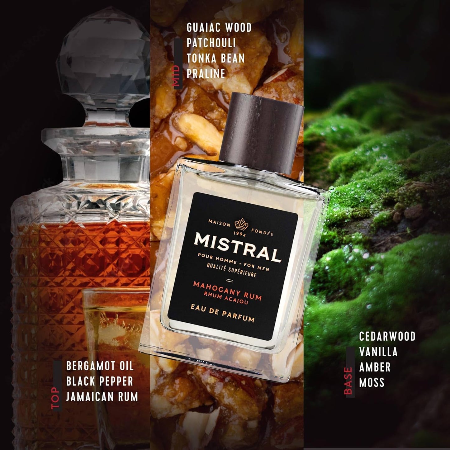 Mistral Men’s Cologne – Mahogany Rum Eau de Parfum | Warm, Spicy & Earthy Masculine Fragrance with Patchouli, Amber & Cedarwood | Cruelty-Free & Long-Lasting Perfume for Men, Made in France - 3.4 Oz