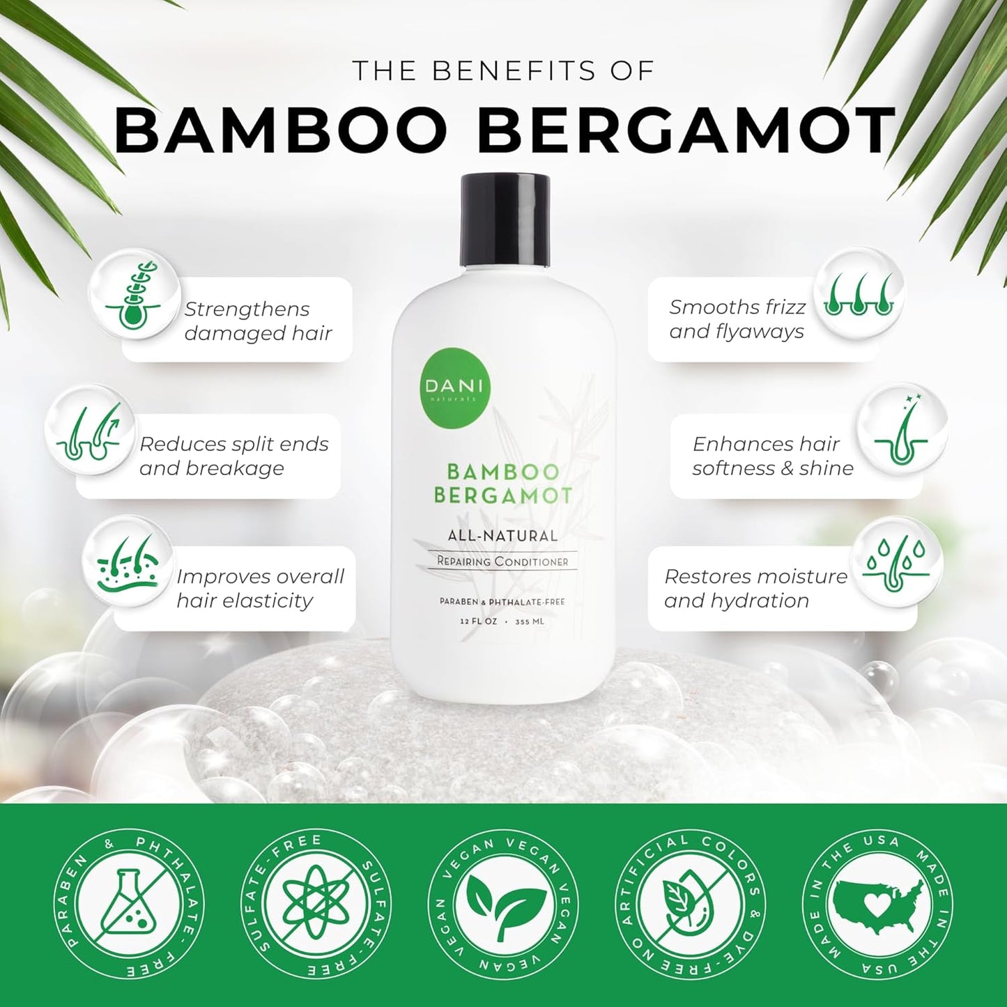 DANI Naturals Conditioner – Bamboo Bergamot, Ultra-Hydrating & Nourishing for Dry & Curly Hair, Strengthens, Restores, Controls Frizz, Vegan & Color-Safe, 12 oz