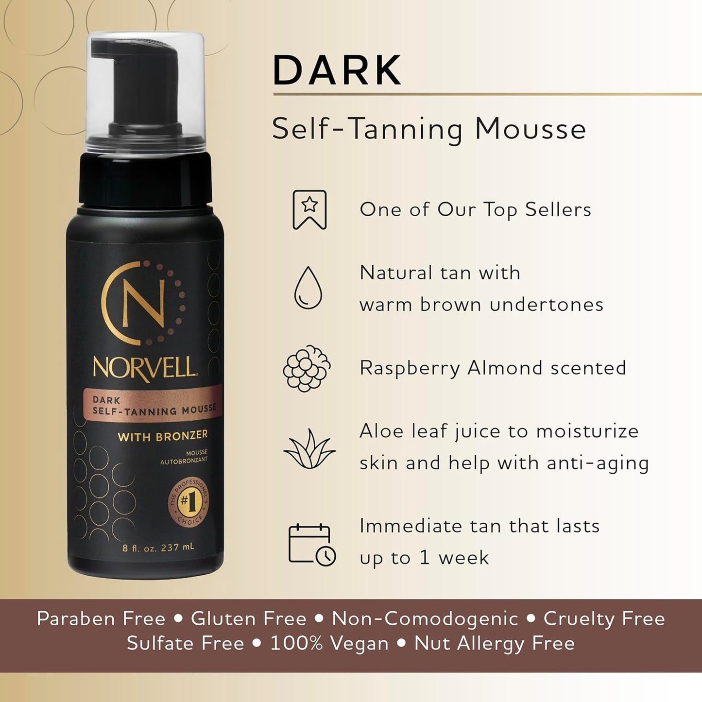 Norvell Sunless Dark Self Tanner Mousse with Bronzer 8 fl oz – Instant Natural Looking Fake Tan for a Bronzing Glow, Streak Free, Fast Drying, Long Lasting Sunless Tanning Color