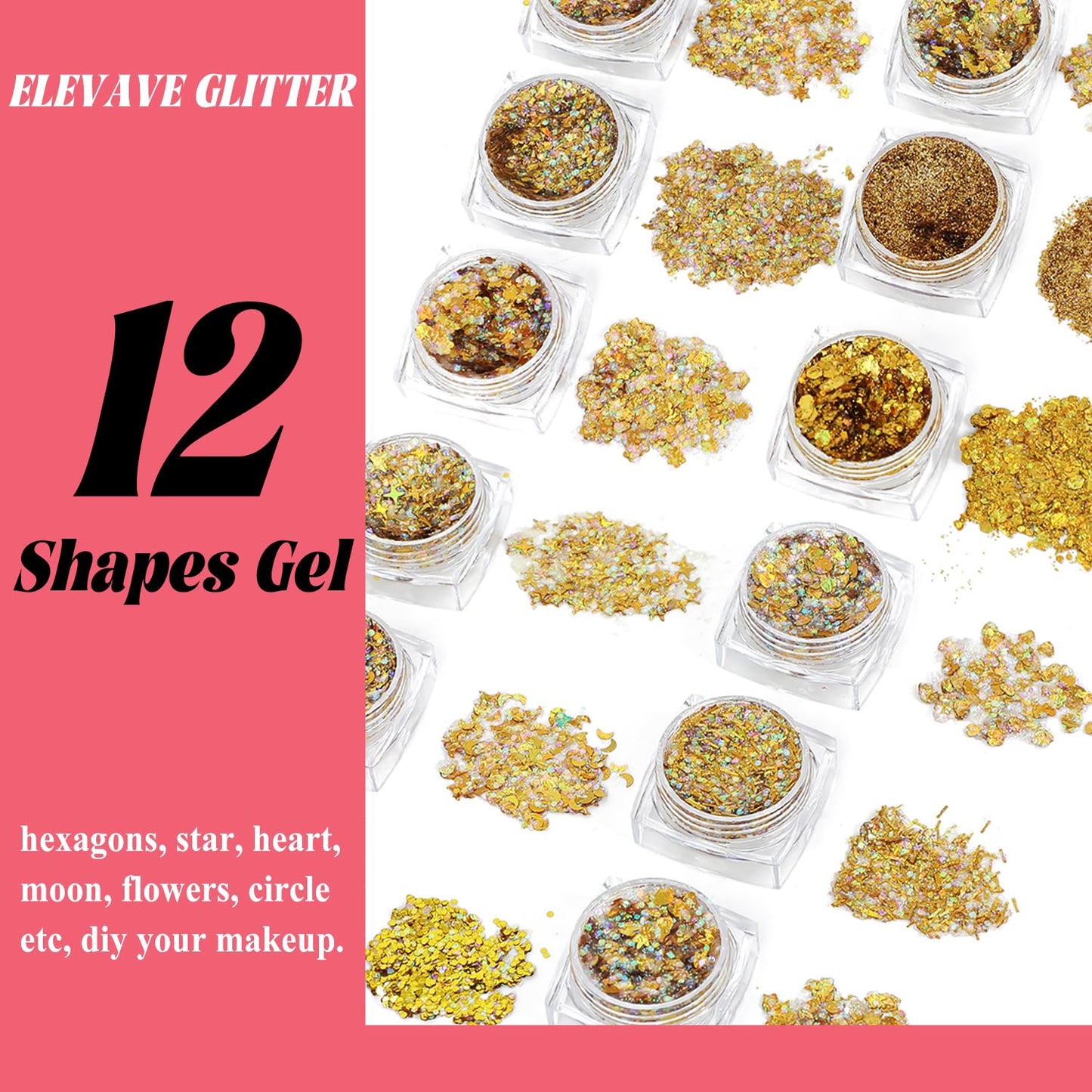 Body Glitter Face Glitter, Hair Glitter for Kids, 12 Shapes Fine Chunky Glitter Gel for Women Girls Makeup Sparkles Party Mermaid Sequins Rave Accessories Singer Concerts Festival (Gold Scheme)