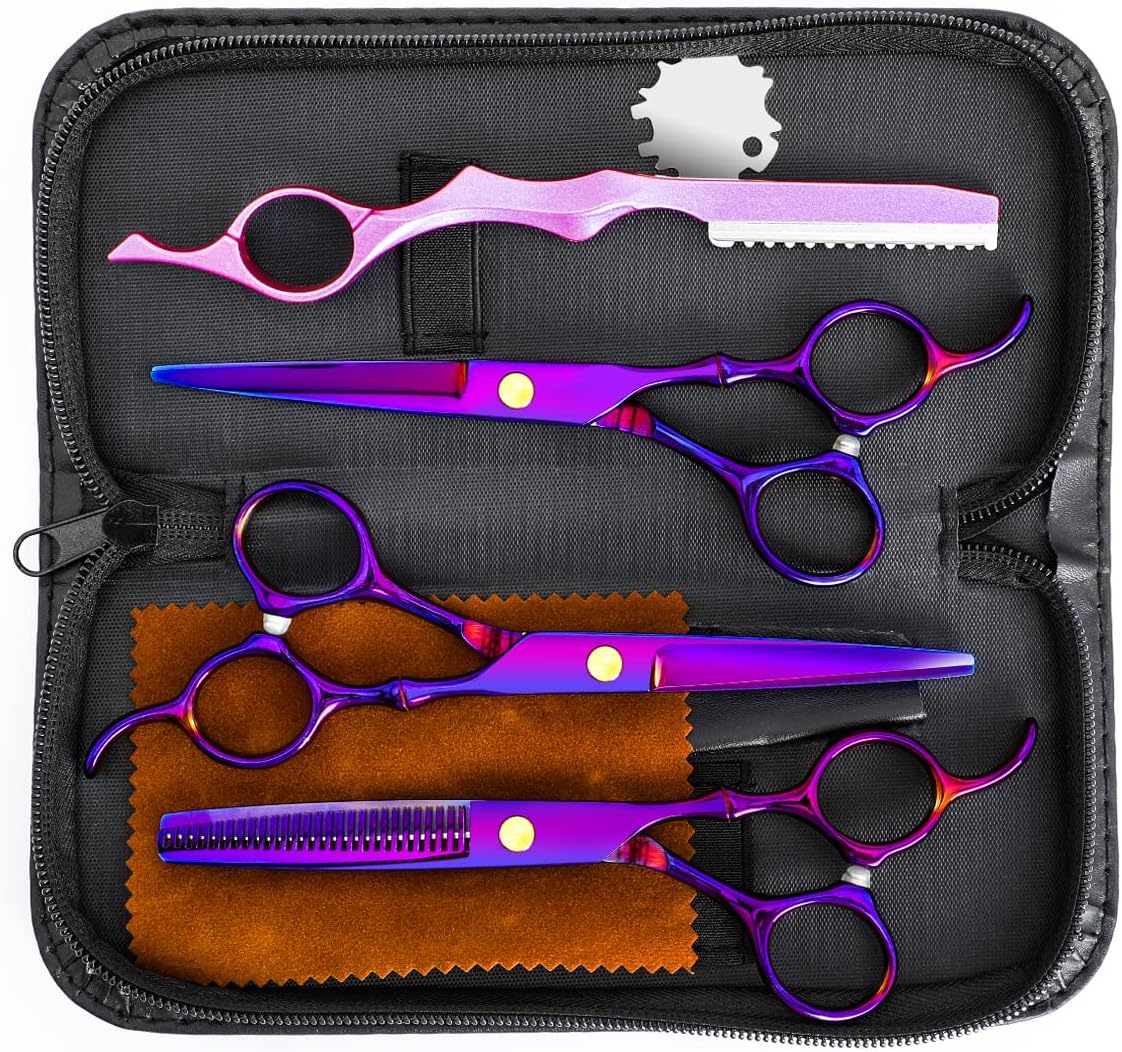 Professional Hair Cutting Scissors Sets Stainless Steel Barber Hairdressing Scissors Multifunctional Salon Thinning Scissors Straight Shears Tools Gifts for Mom Dad Friends (Purple)