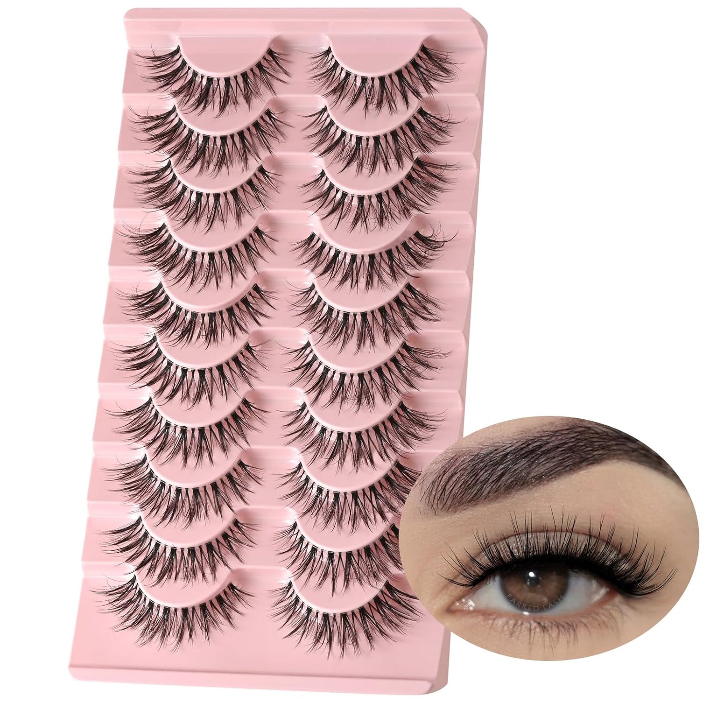 FARRED False Eyelashes Cat Eye Lashes Natural Fake Strip Eyelashes Invisible Band Mink Eyelash Strips Wispy Full Volume Pack 10 Pairs 8-14 mm Short Demi Wispies Pestañas Postizas