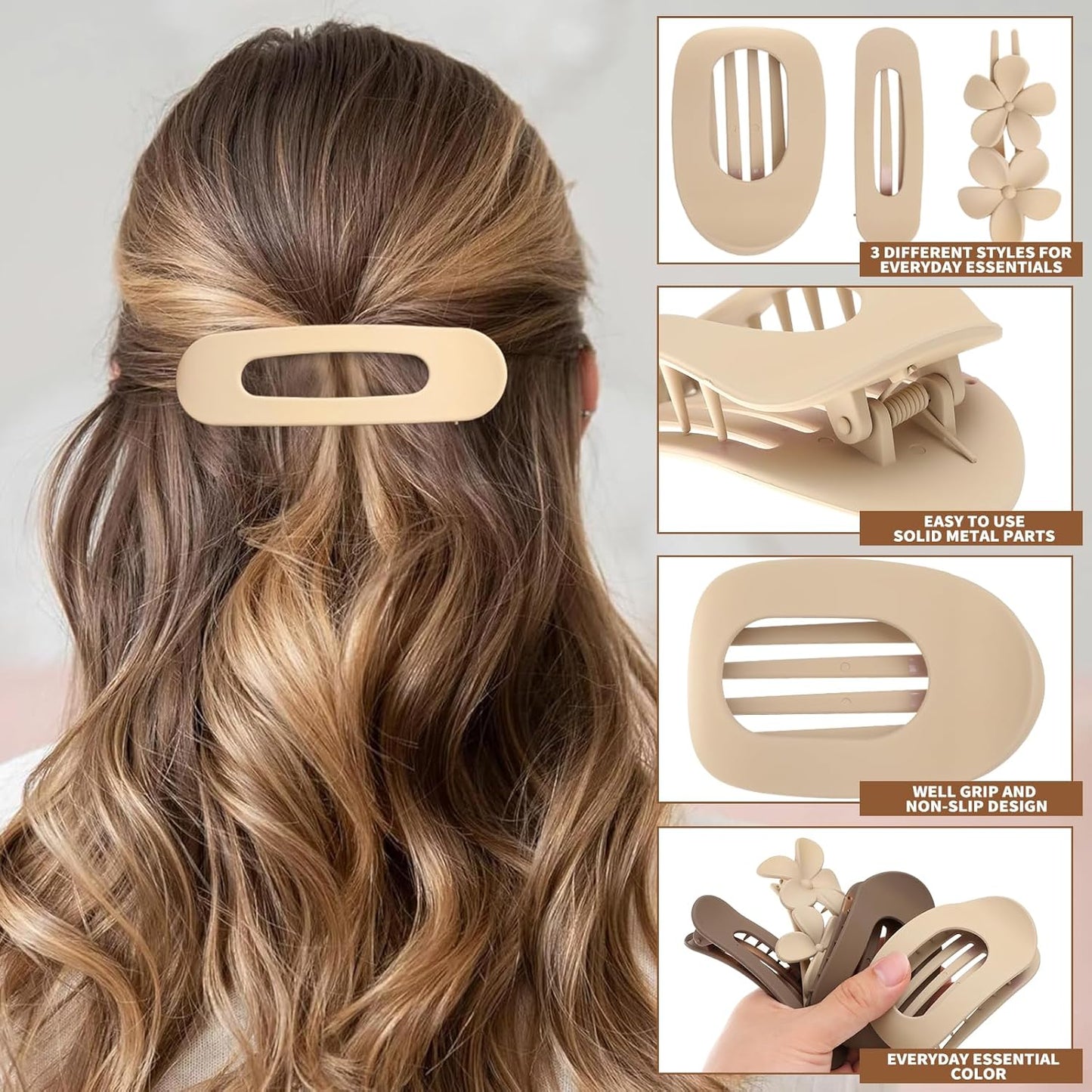 12 Pcs Flat Hair Clips for Women, 3 Styles Matte Flower Hair Clips and Flat Clips, Big and Small Neutral Colors Non-slip Flat Claw Clips Thin Thick Curly Straight Hair Accessories