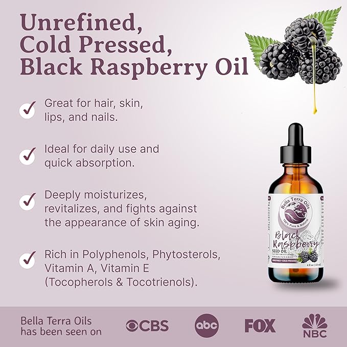 Bella Terra Oils - Black Raspberry Seed Oil 4oz - A Mélange of Antioxidants & Essential Fatty Acids, Offering the Skin the Finest of Nature's Nourishing Secrets