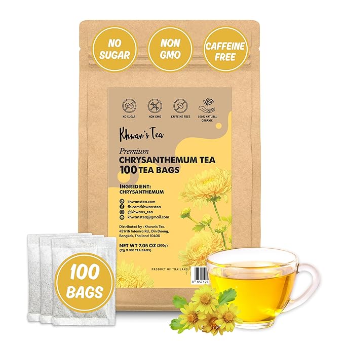 Chrysanthemum Tea Bags 2gx100 counts, Dried Chrysanthemum Flowers Powder Ground, Flower Tea Bag, Caffeine-Free, Non-GMO, Vegan - From Thailand (7oz)