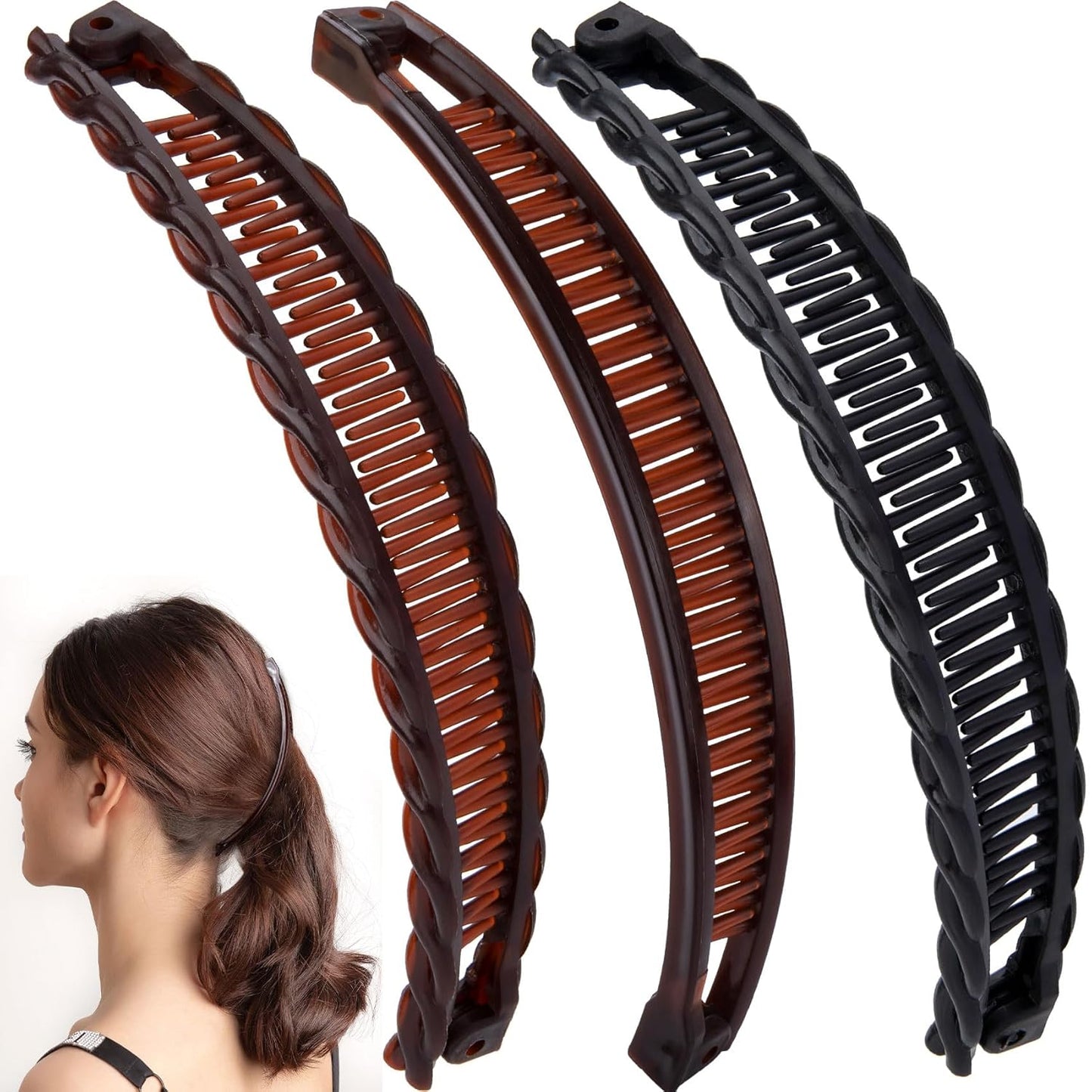 3pcs Banana Hair Clips for Women, Non-Slip Hair Claws with Double Combs, Vintage Hairpin Thick Long Curly Hair Styling Accessories for Daily, Party - Black, Brown (Smooth and Wavy Edge)