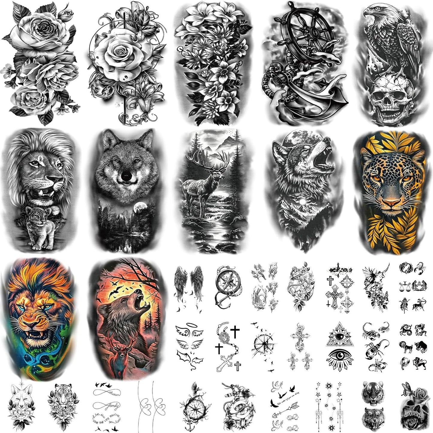 Large Temporary Tattoo Men and Women, 36 Sheets Half Arm and Small Tattoos for Adults, Animal Fake Tattoo Designs with Lions and Tigers