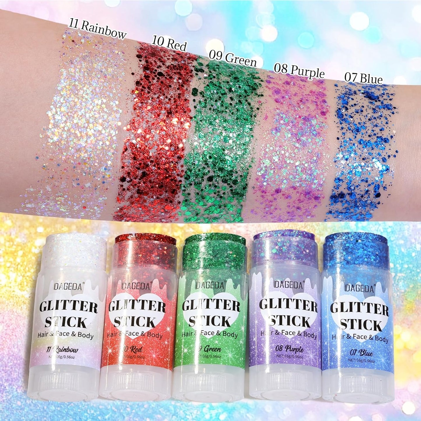 DAGEDA Rainbow Body Glitter Stick,Sparkly Face Glitter Makeup,Holographic Hair Glitters Mermaid Makeup Rave Outfits for Women, Shimmer Face Paint Stick Singer Concert Accessories
