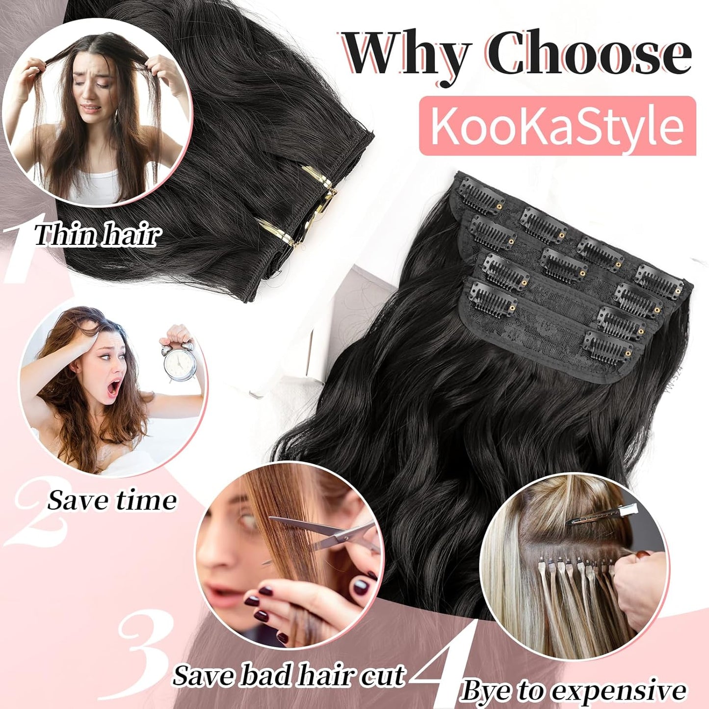 KooKaStyle Clip in Hair Extensions 4PCS Long Wavy Synthetic Dark Black Brown Fiber Double Weft Natural Thick Hairpieces 24Inch for Women