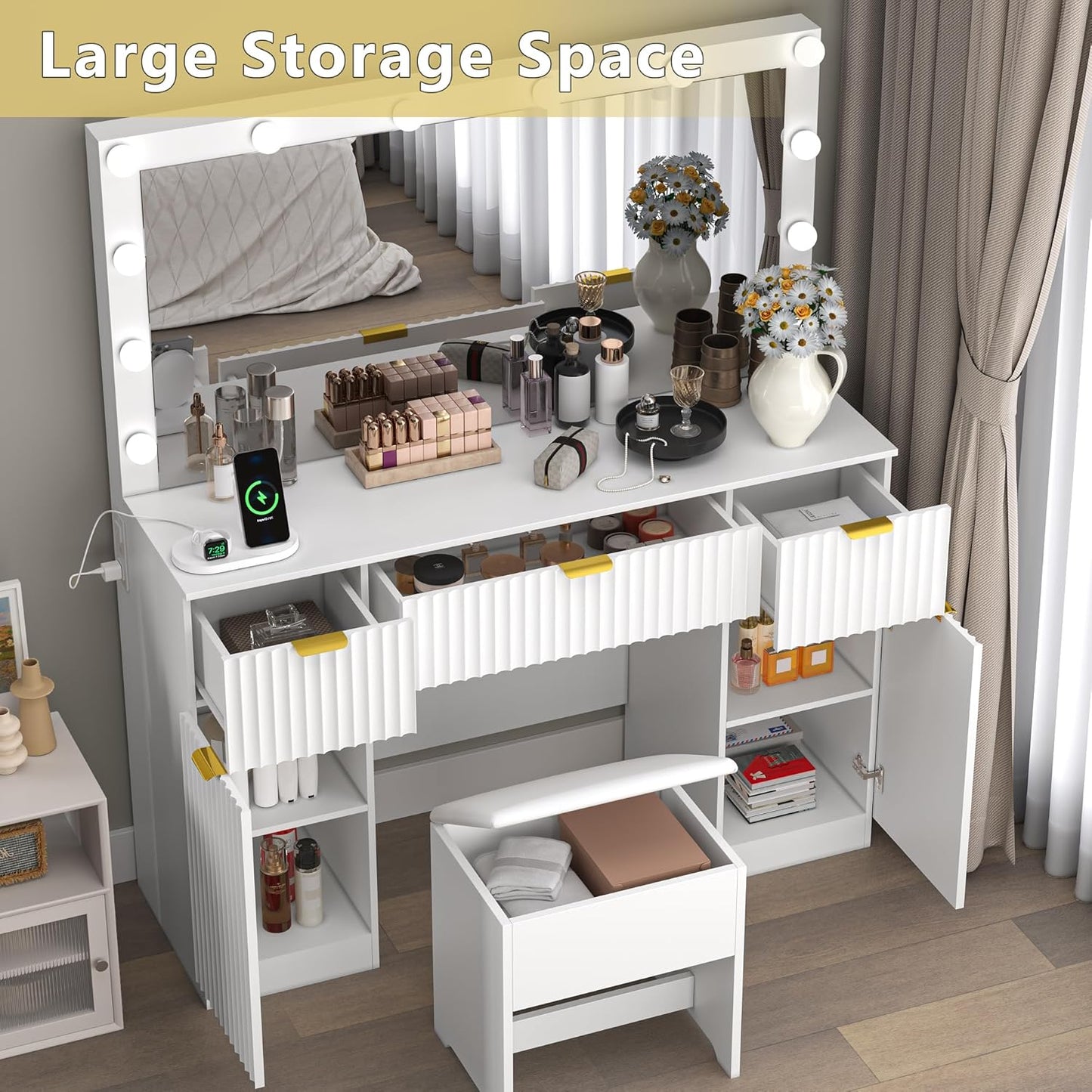Fluted Makeup Vanity with Large Lighted Mirror and Chair, 7 Drawer Dressing Table with Power Outlet and USB, Elegant Vanity Desk with Cushioned Stool for Bedroom, Women, Girls