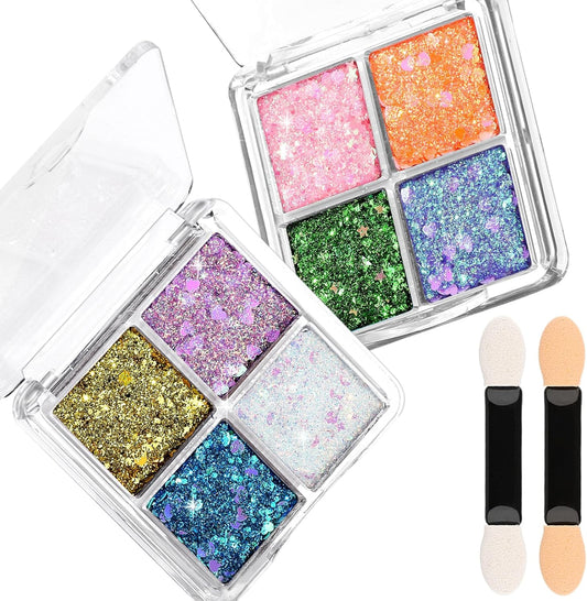 FANDAMEI Face Glitter Palette, 2PCS 8 Colors Glitter Gel for Face, Body Glitter for Women, Hair Glitter for Kids, Halloween Fairy Rave Mermaid Makeup Glitter