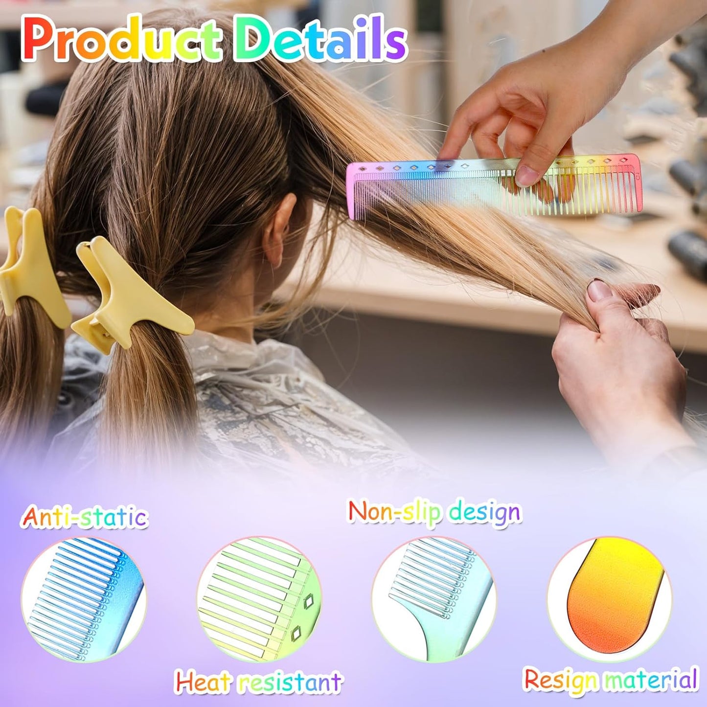 3 Pcs Rainbow Hair Comb, Heat-Resistant Fine Tooth Comb Rat Tail Combs Styling Combs Beard Combes Mustache Combes Hairdressing Tools for Women Men Hairs Stylist Barber Salon All Hair Types