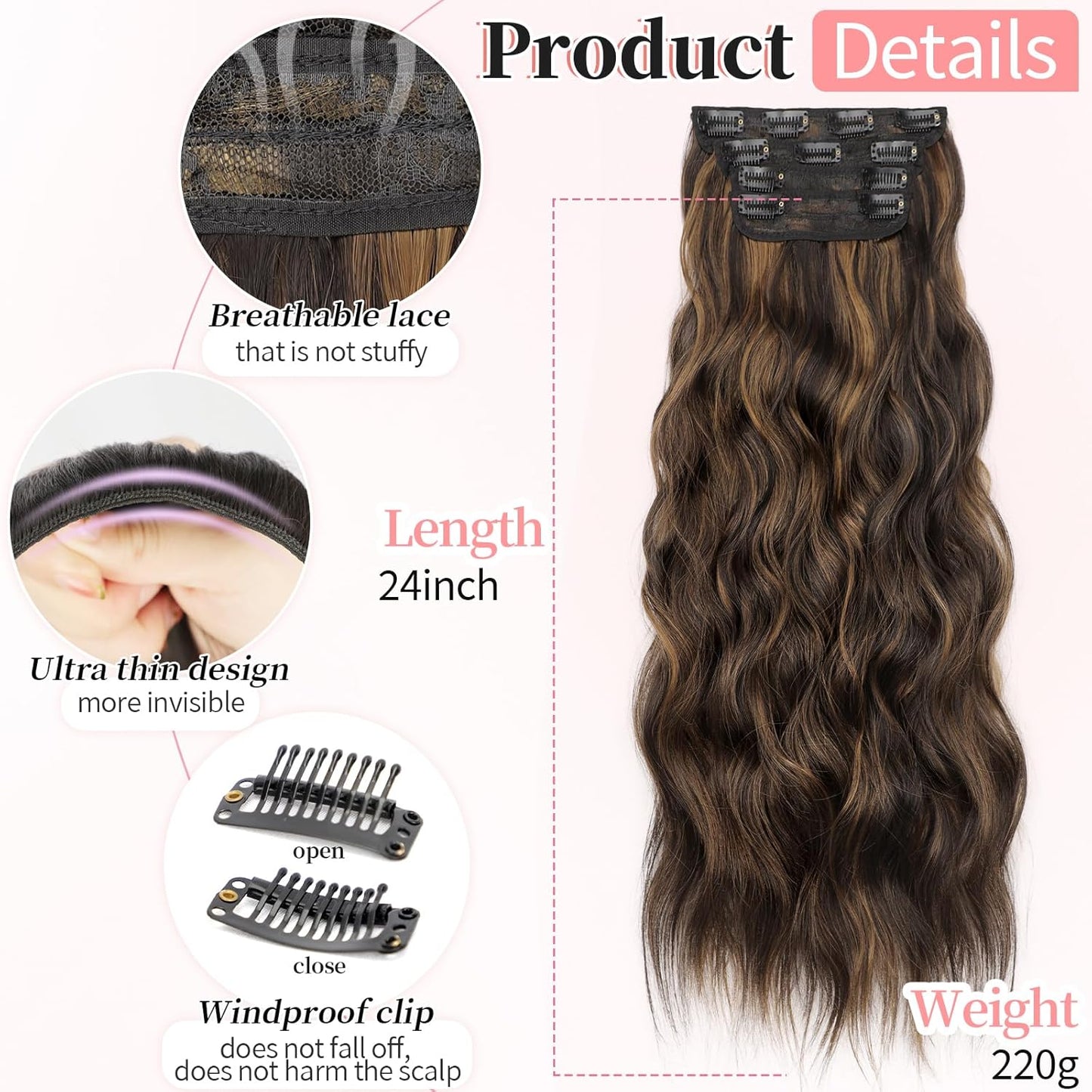 KooKaStyle Clip in Hair Extensions Long Wavy 4PCS Thick Hairpieces Synthetic Highlight Hair Extensions Balayage Dark Brown to Chestnut H2/426 Fiber Double Weft Natural 24Inch for Women