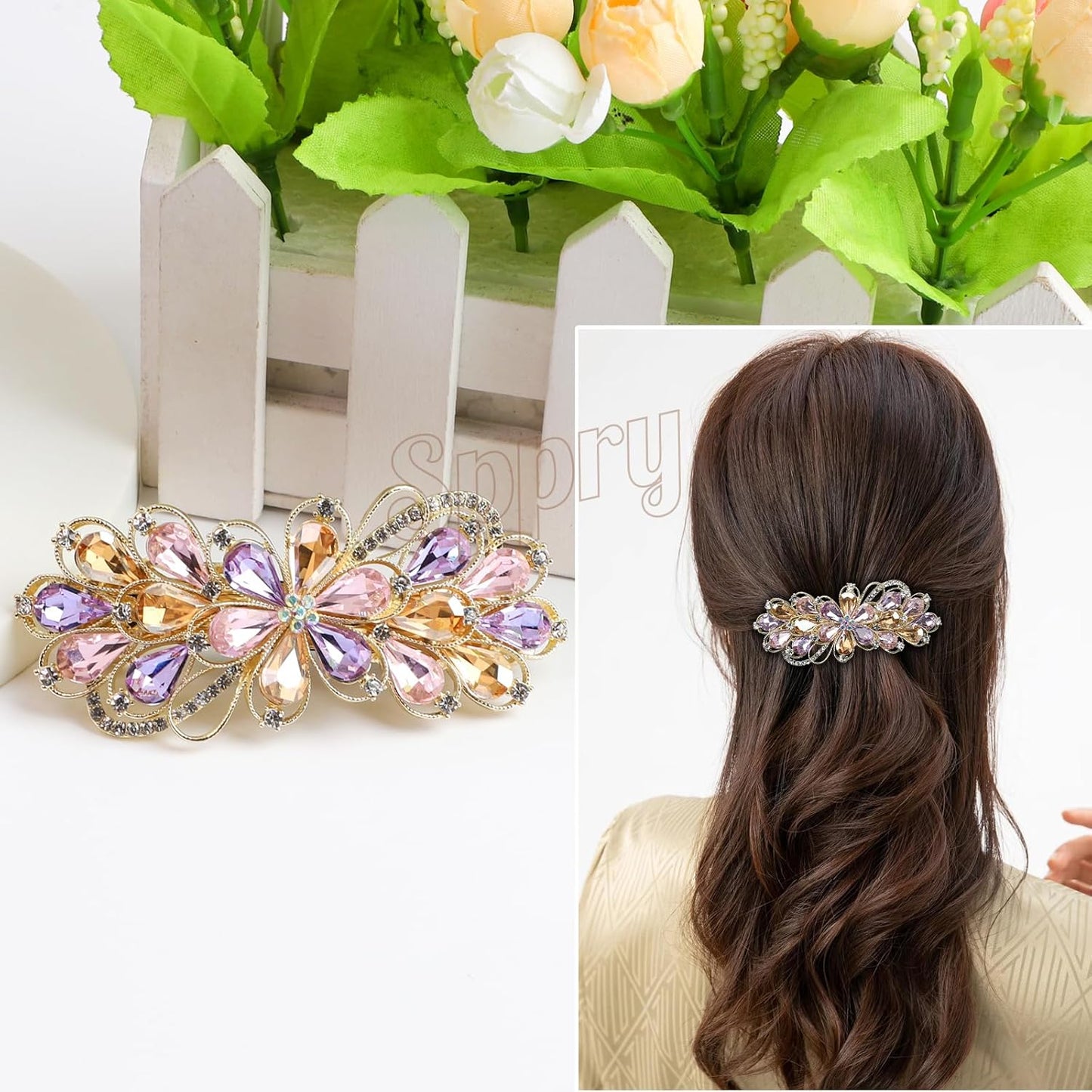 Large Gorgeous Rhinestone Hair Barrette for Women, Flower Jewelry Design (Champagne & Purple)
