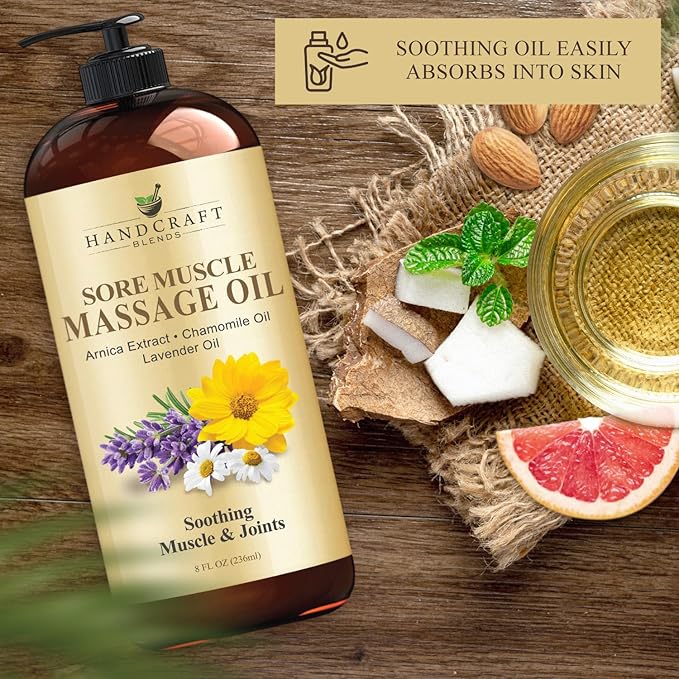 Handcraft Blends Sore Muscle Massage Oil 8 Fl Oz - Moisturizing Body Oil for Massage Therapy - Made with Arnica Extract, Chamomile, Lavender, Peppermint Oils