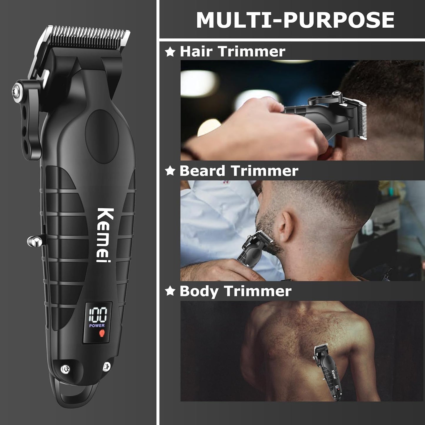 KEMEI 2290 Professional Hair Clippers for Men Cord/Cordless Hair Cutting Kits, Hair & Beard Trimmer, T Blade Barber Clipper with LED Display & USB Rechargeable, Black