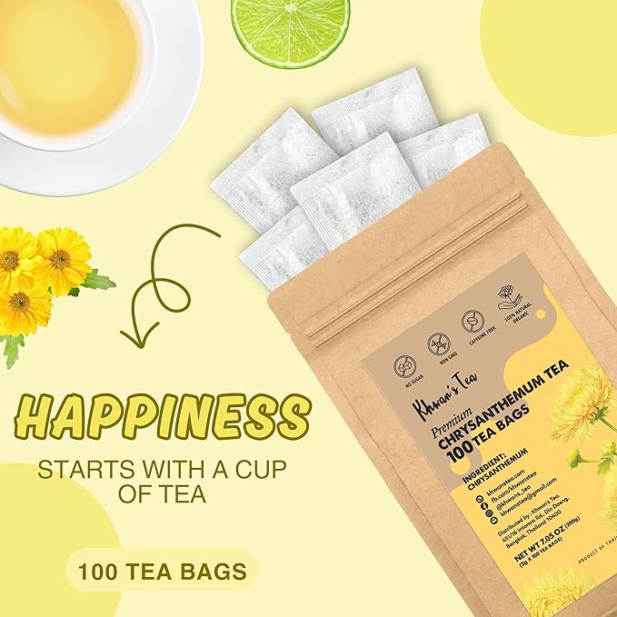 Chrysanthemum Tea Bags 2gx100 counts, Dried Chrysanthemum Flowers Powder Ground, Flower Tea Bag, Caffeine-Free, Non-GMO, Vegan - From Thailand (7oz)