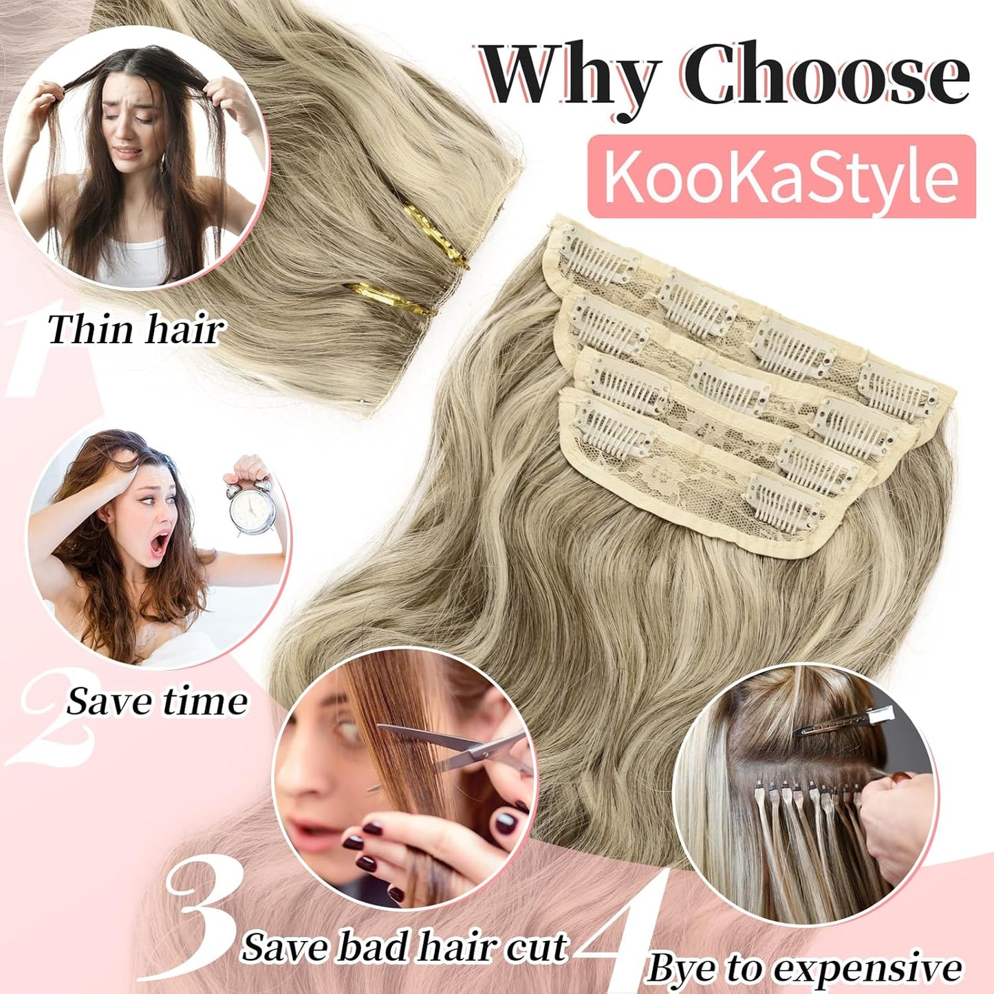 KooKaStyle Clip in Synthetic Highlight Hair Extensions Long Wavy 4PCS Thick Hairpieces Ashy Beige Blonde Balayage Fiber Double Weft Natural Hair Extensions 20 Inch for Women
