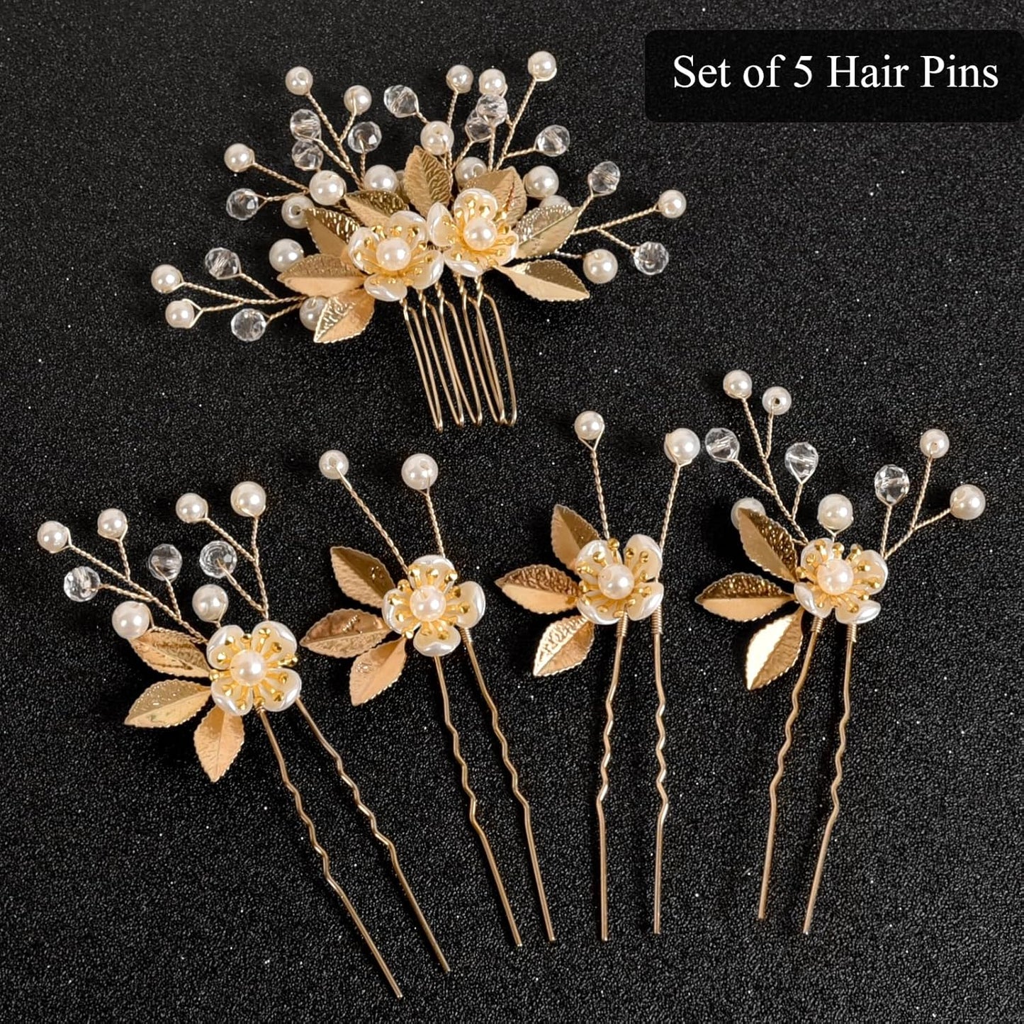 Wedding Hair Pins Set of 5 Pcs - Elegant Leaf Floral Pearl Rhinestones Hair Accessories for Bridal Women (Gold)