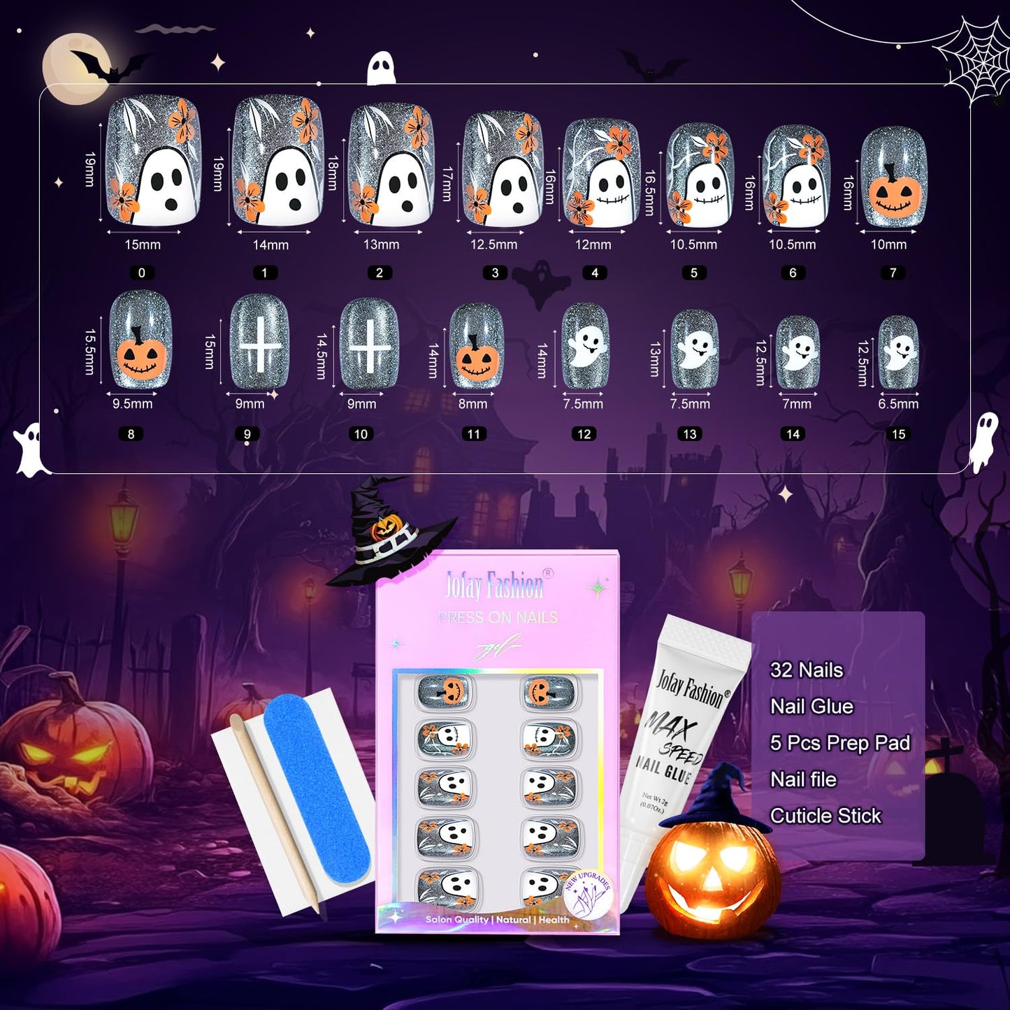 Halloween Press On Nails - Pumpkin Nail Gray Cat Eye Halloween Nails, Acrylic Short Square Nails Press On with Nail Glue, Fit Perfectly & Natural Stick On Nails in 16 Sizes - 32PCS Soft Gel Kit