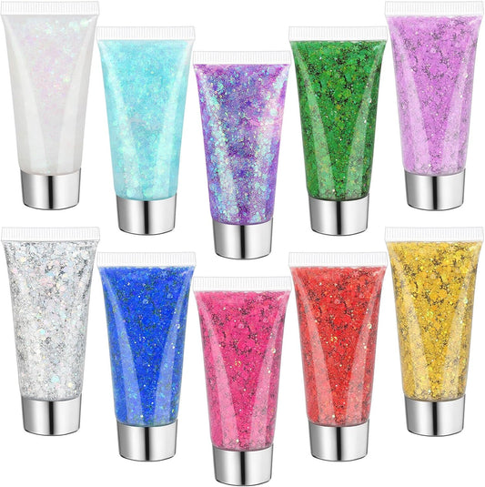 10 Colors Body Face Glitter Gel for Skin and Hair, Makeup Sparkles Rave Accessories for Festival Outfits, Mermaid Decorations, Disco Cowgirl, Mardi Gras